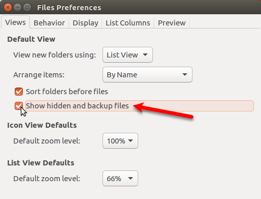 Показване на скрити и резервни файлове в Nautilus в Ubuntu
