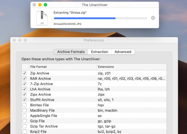 Извличане на файлове с The Unarchiver на macOS