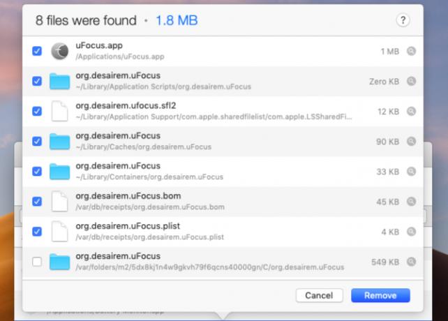 Намерени файлове за премахване в AppCleaner на macOS