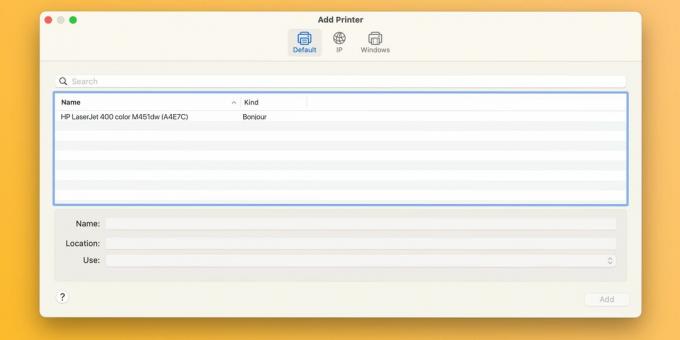 Диалогов прозорец за добавяне на принтер в системните настройки на macOS Sonoma