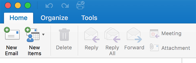 меню с инструменти на Outlook на Mac