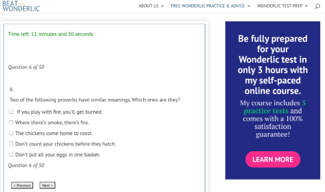 Beat The Wonderlic предлага безплатен онлайн тест за чудесен онлайн, за да тествате уменията си за решаване на проблеми