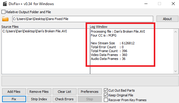 Как да поправите счупени AVI файлове, които няма да възпроизвеждат divfix fixed final