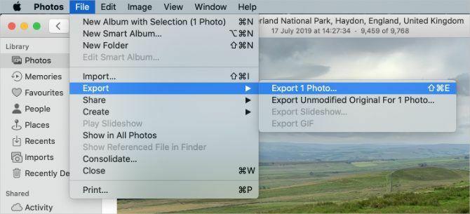 Опция за експортиране на снимки във Photos on Mac