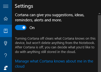 Настройки на Windows 10 Cortana