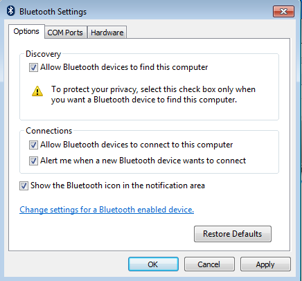 Опции за Bluetooth на Windows 7