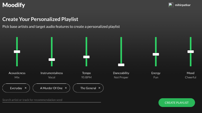 Moodify създава персонализирани плейлисти въз основа на песни, които харесвате и музикални функции, които искате