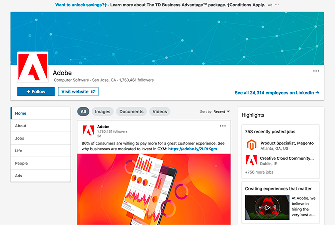 Следвайте Adobe в LinkedIn