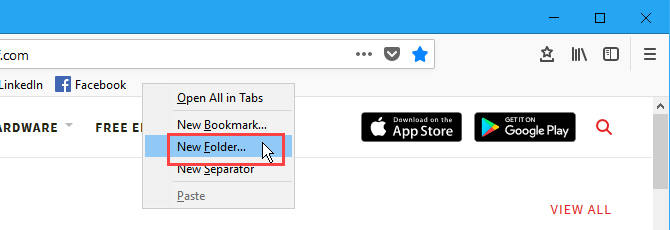 Създайте нова папка с отметки на лентата с отметки в Firefox