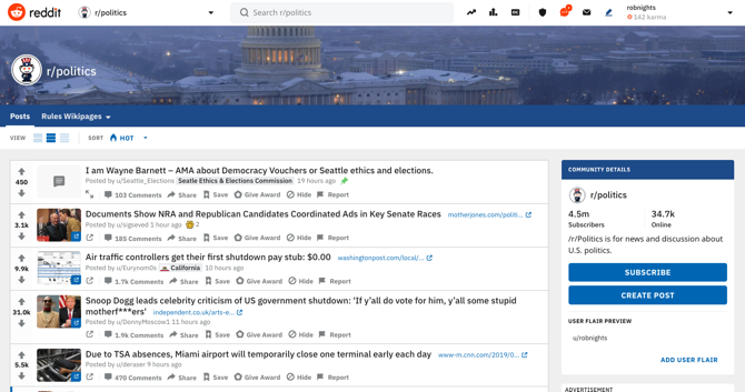 Снимка на екрана Reddit Politics