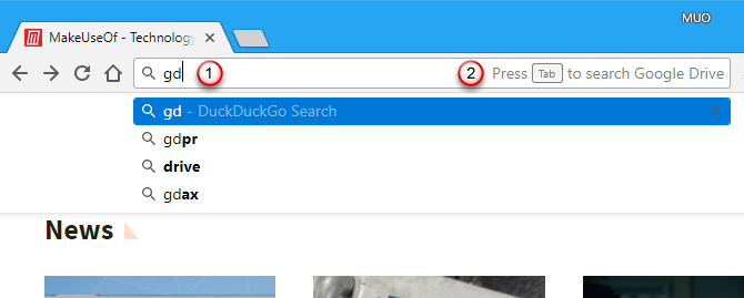 Въведете ключова дума „gd“ и натиснете Tab в адресната лента на Chrome