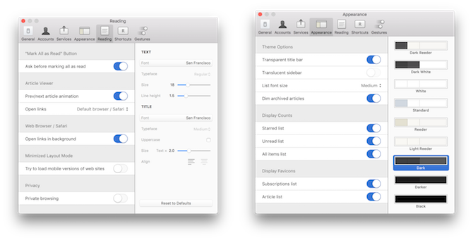 Настройки на Reeder на Mac RSS Readers