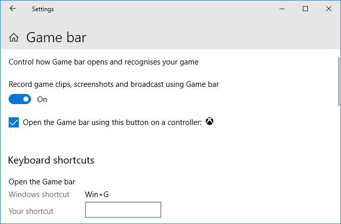 Настройки на лентата за игри Windows 10