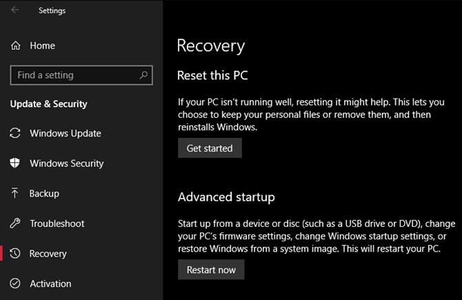 Опции за възстановяване на Windows 10
