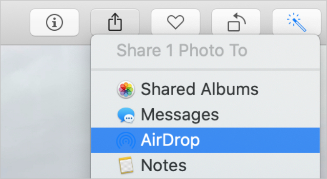 Възможност за AirDrop в менюто Споделяне от приложението Снимки