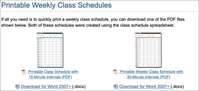 Печатни седмични графици за клас Vertex42