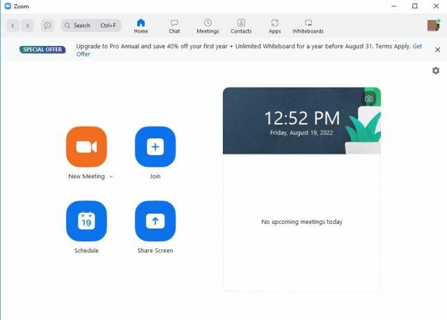 Началният екран на Zoom в Windows 10