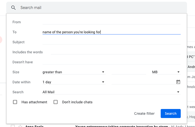 разширено търсене в Gmail