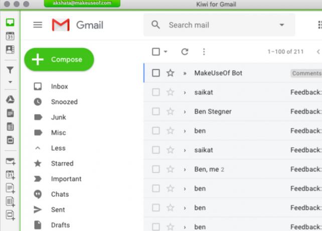 Kiwi за интерфейс за входяща поща по подразбиране на Gmail на Mac