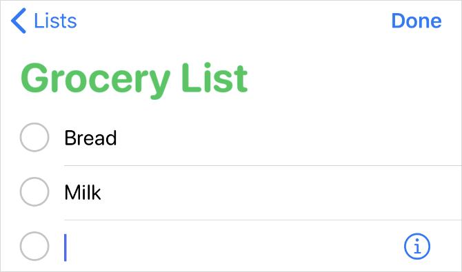 Списък с хранителни стоки в приложението Напомняния на iPhone