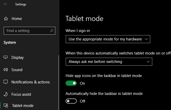 Опции за режим на таблет за Windows 10