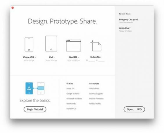 Опции за стартиране на Adobe XD