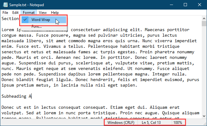 Устройството за Word е активирано с лента на състоянието, показвана в Notepad