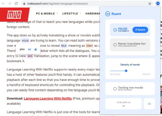 Fluent е разширение за Chrome, което превежда произволни думи във всяка уеб страница, за да можете да научите френски, докато сърфирате в интернет