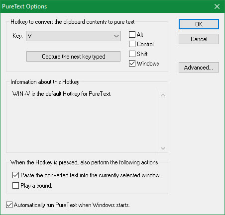 Опции за PureText Windows
