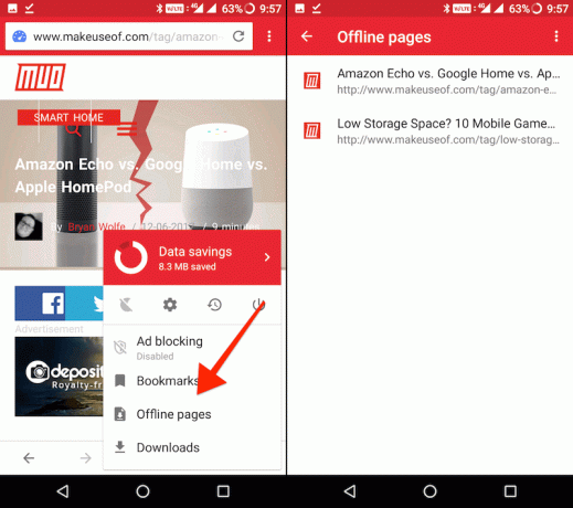 запишете страници офлайн с Opera mini - раздел Офлайн страници