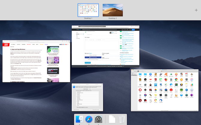 Изглед на контрол на мисията, показващ всички активни приложения и десктопи на macOS