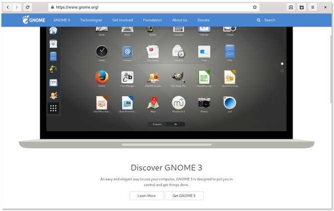 Уеб браузър GNOME, показващ GNOME уеб страница