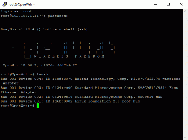 Екран на прозореца на терминала на OpenWRT