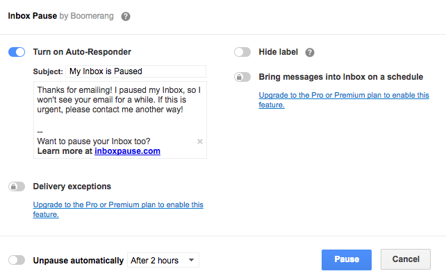 Направете Gmail по-малко разсейващ, като паузирате входящи имейли за време на пауза 2 Бумеранг