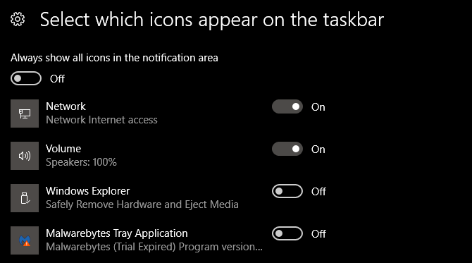 опции на системната лента на Windows 10