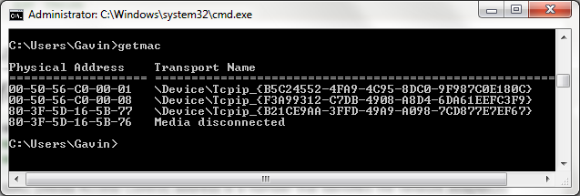 Командна команда getmac команда