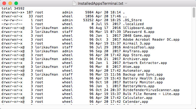 Списък с инсталирани приложения от папка Приложения с помощта на Terminal