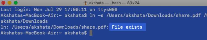 Файл съществува съобщение, докато създавате символна връзка в Terminal на macOS