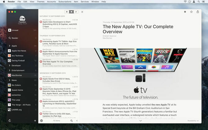 Интерфейс за четец на Reeder на Mac