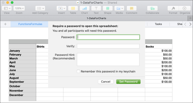 Задаване на парола за документ в Mac Numbers