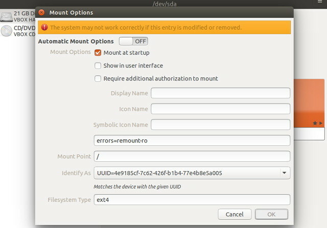 Ubuntu-диск полезност за монтиране на опция