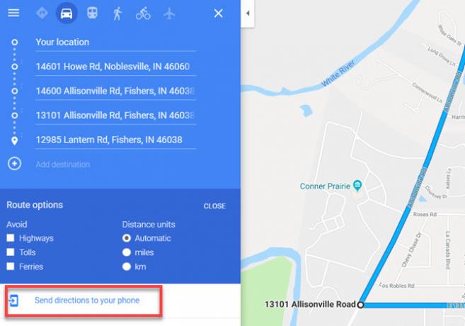 Google Maps Изпратете маршрут до телефона