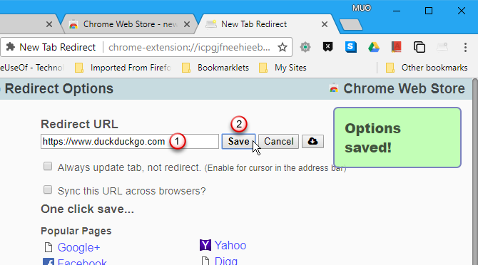 Въведете URL в опциите за пренасочване на нов раздел в Chrome