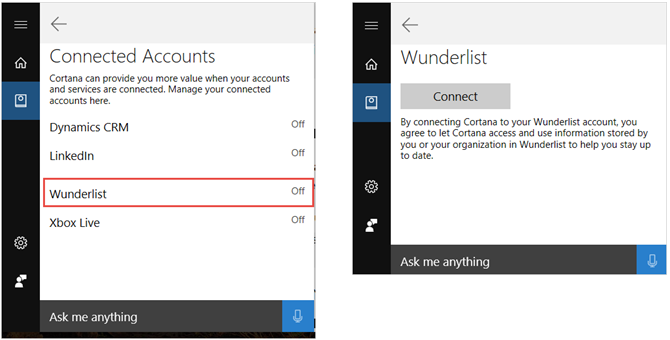 cortana свържете стъпки wunderlist