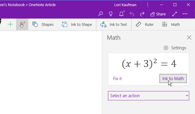 Щракнете върху Ink to Math в раздела Draw