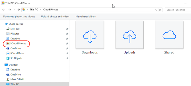 Снимки на контролния панел на iCloud в екрана на Windows File Explorer