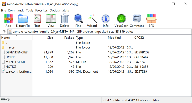 Преглед на съдържанието на JAR файл в WinRAR