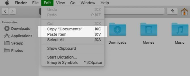 Копирайте и поставете опции от менюто в Finder на Mac