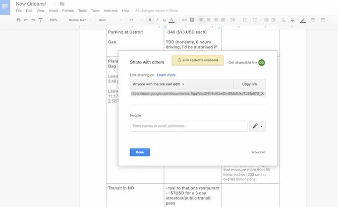 Google планиране на пътувания в документи