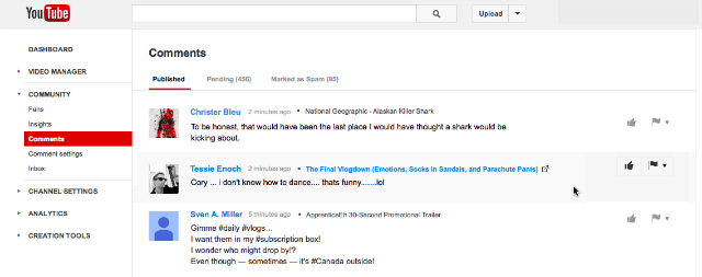 YouTube, коментари страница